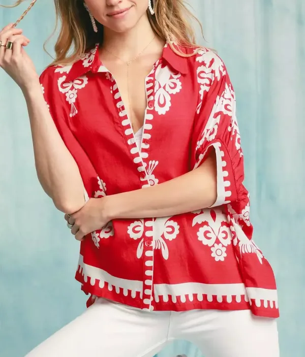 Abstract Folk Art Print Button-Down Shirt