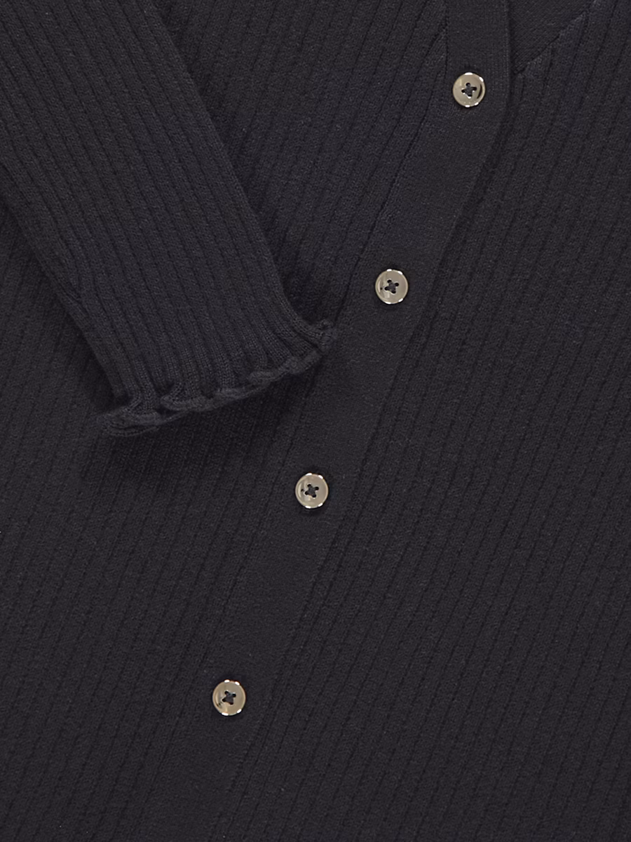 Black V Neck Lettuce Edge Ribbed Cardigan detail 1