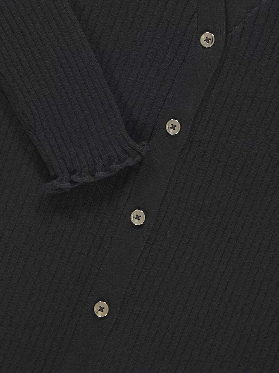 Black V Neck Lettuce Edge Ribbed Cardigan