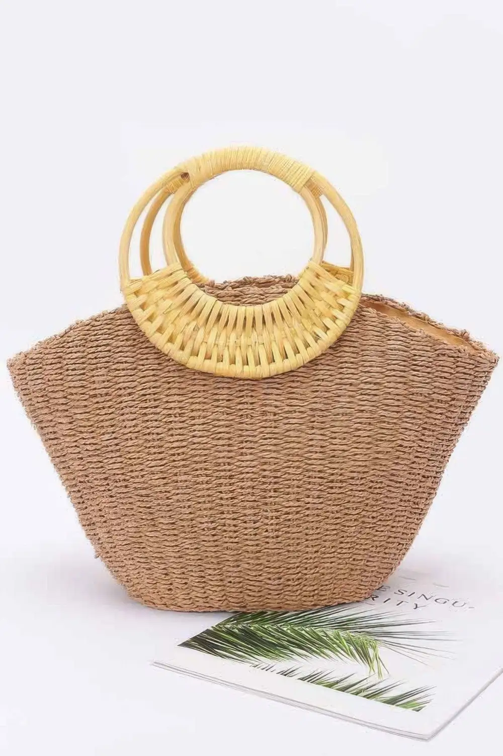 Faux Straw Bamboo Handle Tote Bag