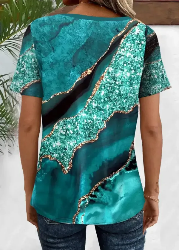 Turquoise Button Marble Print Short Sleeve T Shirt