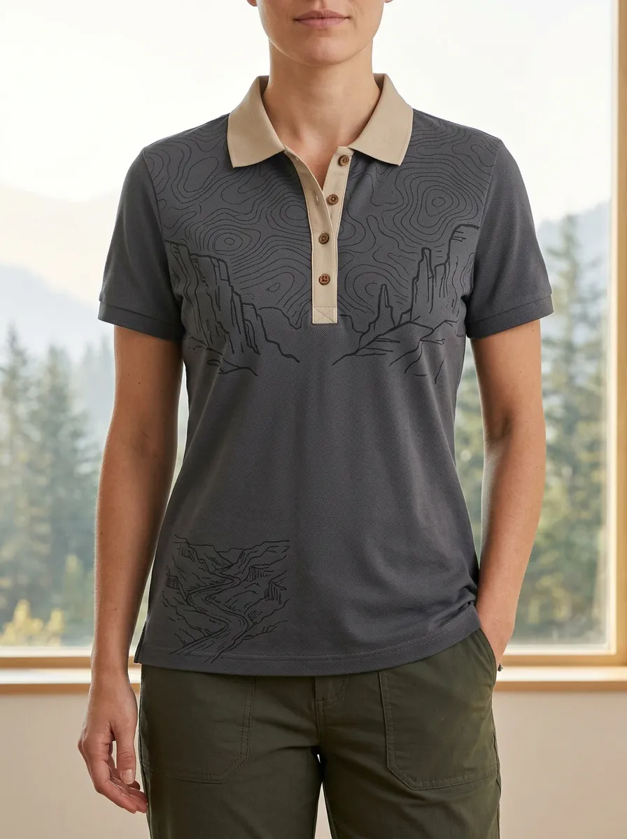Women's Modern Hiking Lover Topographic Mountain Polo Shirt