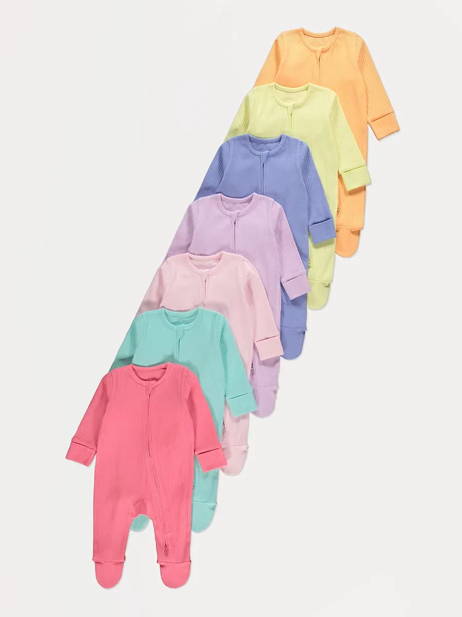 Bright Zip Fasten Ribbed Sleepsuit 7 Pack