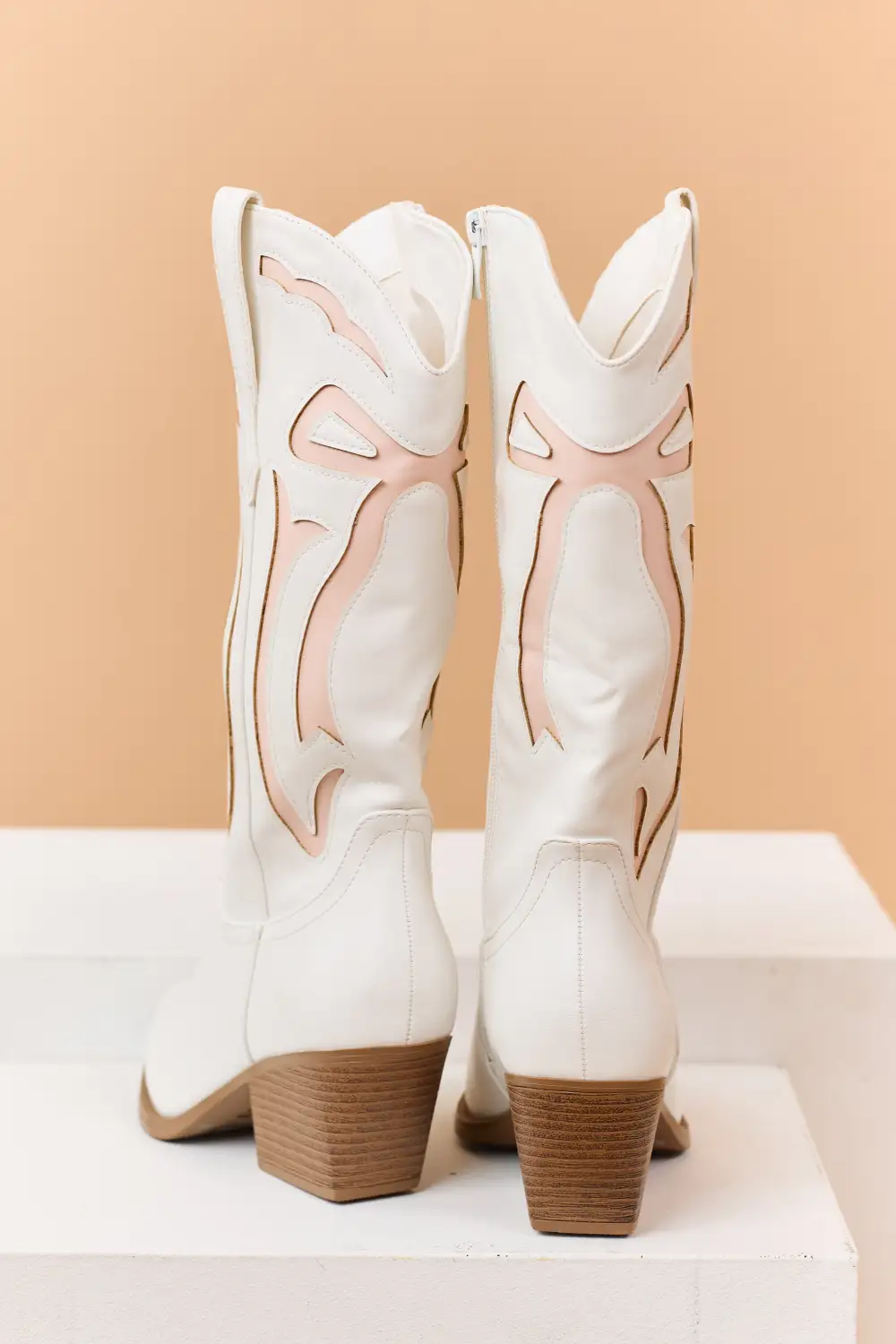 Ivory and Blush Faux Leather Western Style Boots