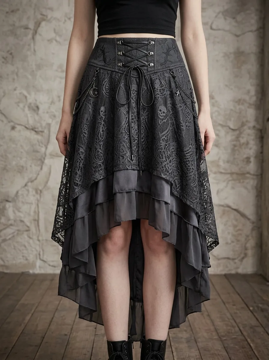 Noir Skull Corset Lace Gothic Edit Women's Gothic High-Low Skirt