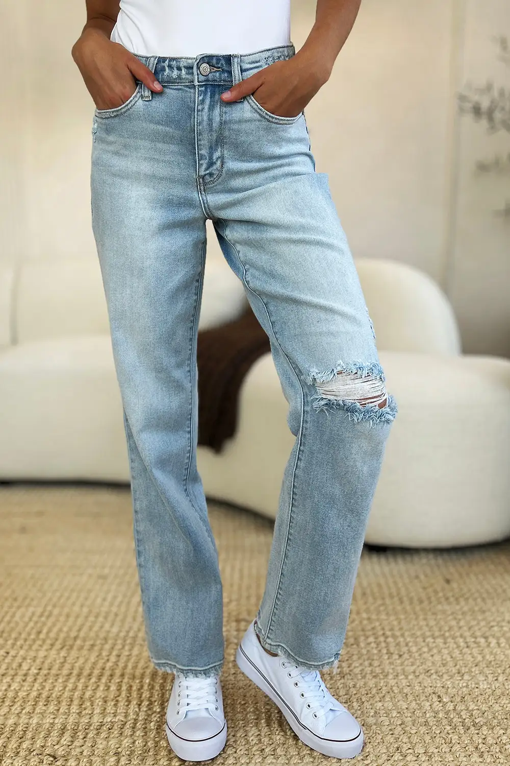 High Waist Distressed Straight Denim Jeans