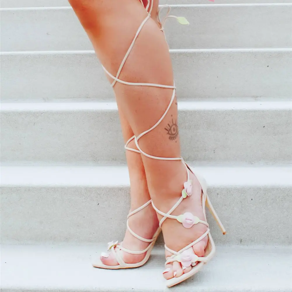 Pointed Toe Gladiator Flower Lace Up Stiletto Sandals