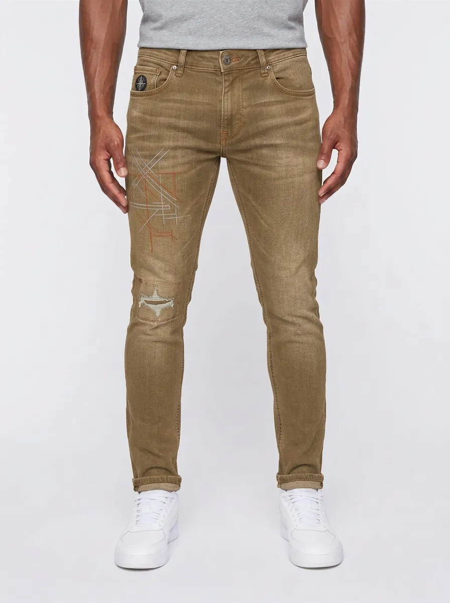Men's Dark Wash Geometric Line Art Distressed Slim Fit Jeans