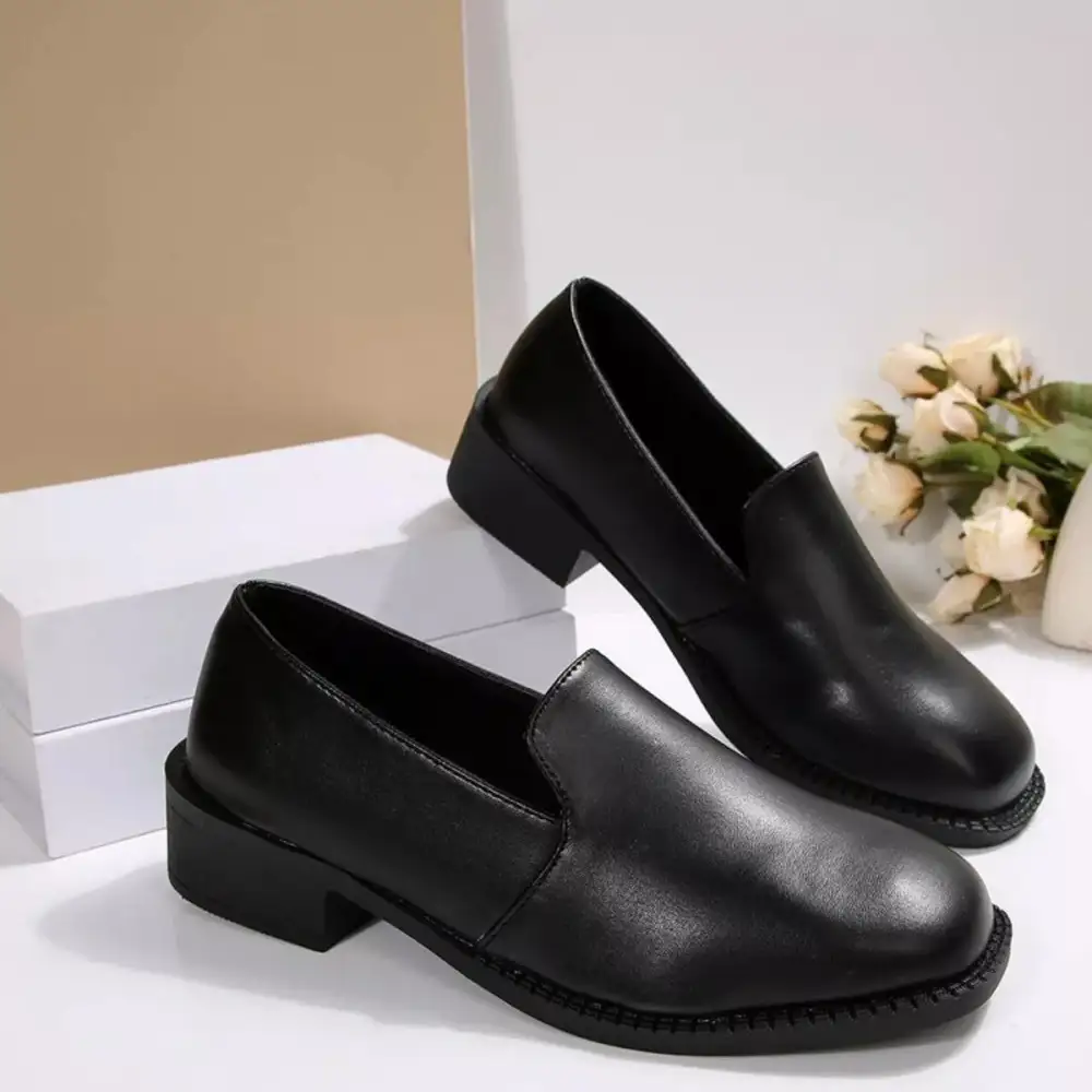 Textured Round Toe Block Heel Loafers