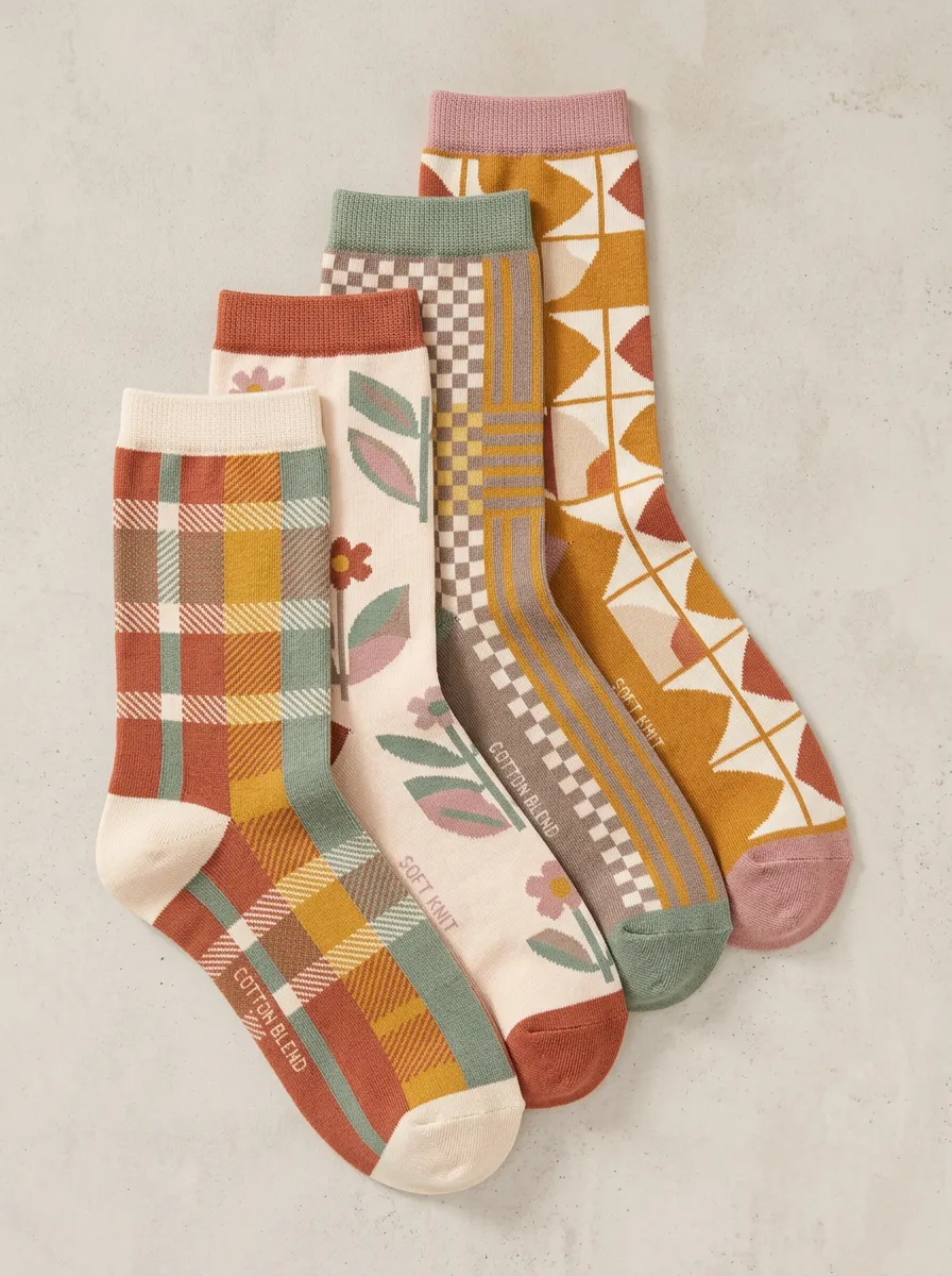 Modern Geometric Floral Retro Four-Pair Casual Socks