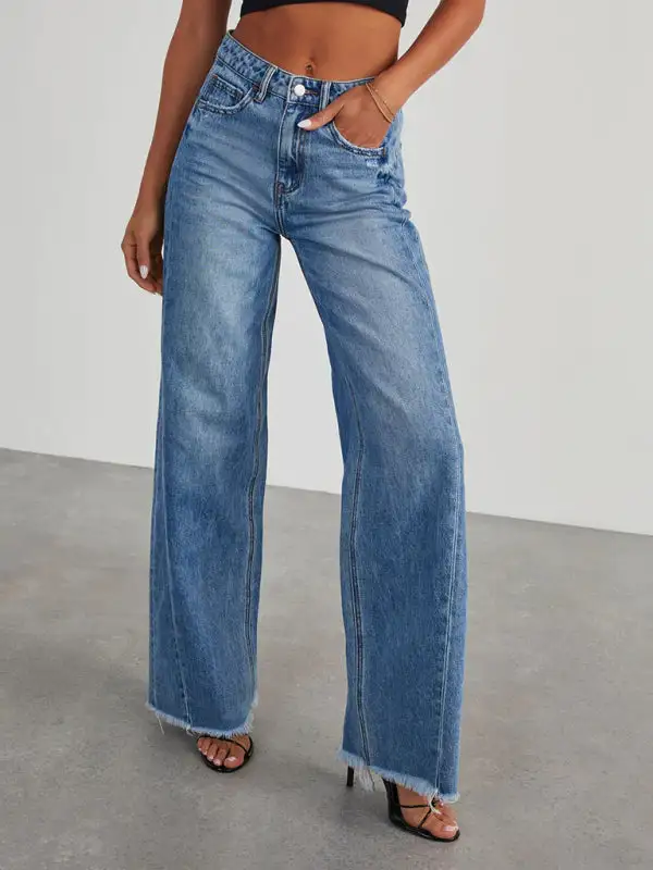 Wide-Leg Frayed Paneled Pocketed Straight Leg Jeans