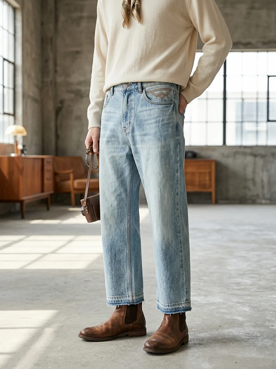 Men's Vintage Wash Embroidered Pocket Raw Hem Denim Jeans