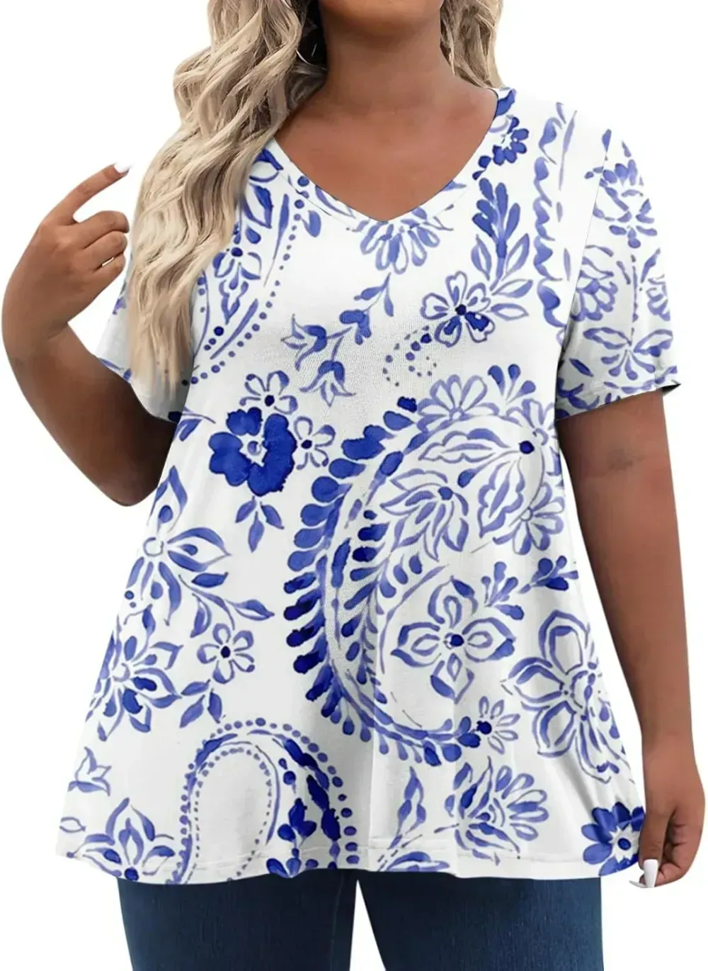 Plus Size Tops for Women Dressy Short Sleeve V Neck Shirts for Women Summer Tops for Women 2024 Floral Print Top