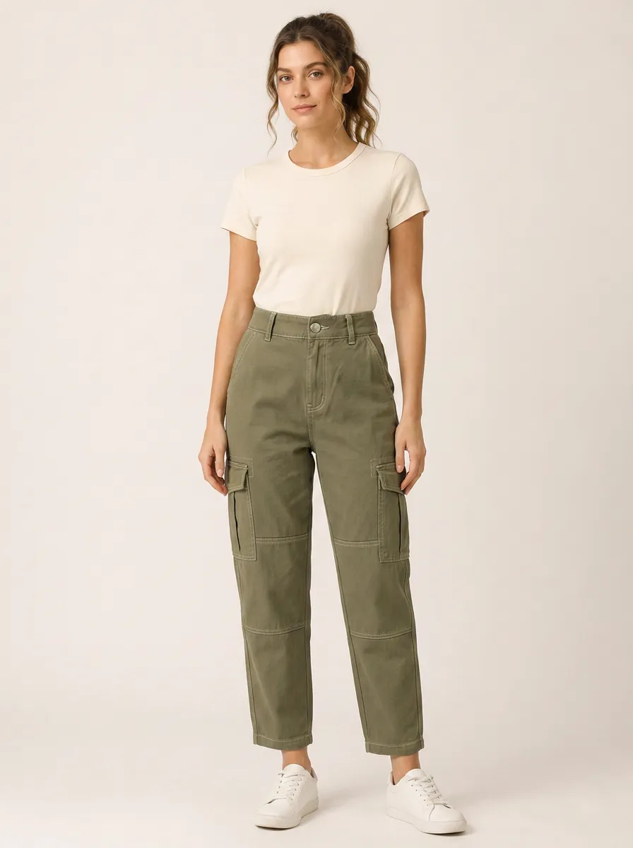 Women's Casual Streetwear Olive Cargo Pants and T-shirt Set
