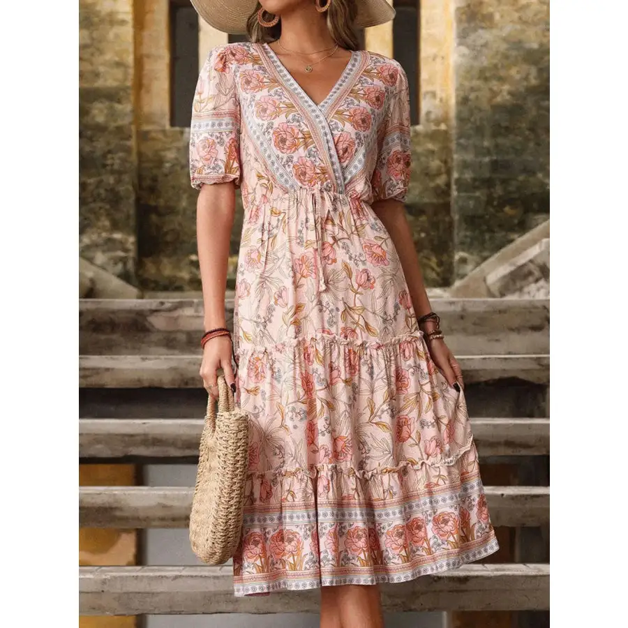 Printed Surplice Tiered Midi Dress
