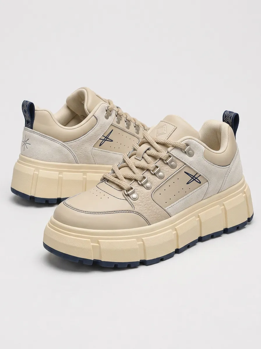 Men's Beige Geometric Pattern Printed Platform Sneakers