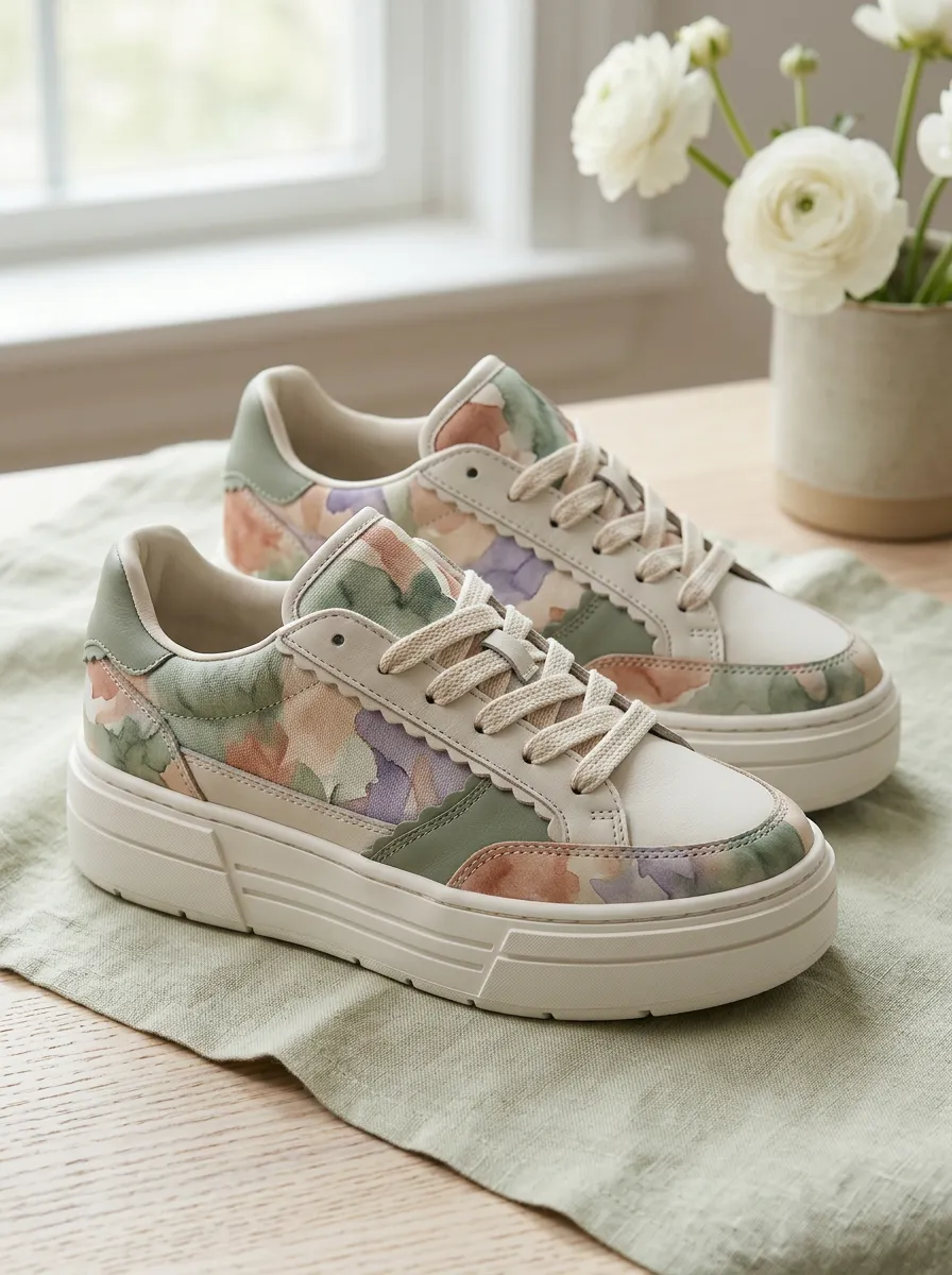 Women's Pastel Watercolor Floral Scalloped Printed Sneakers