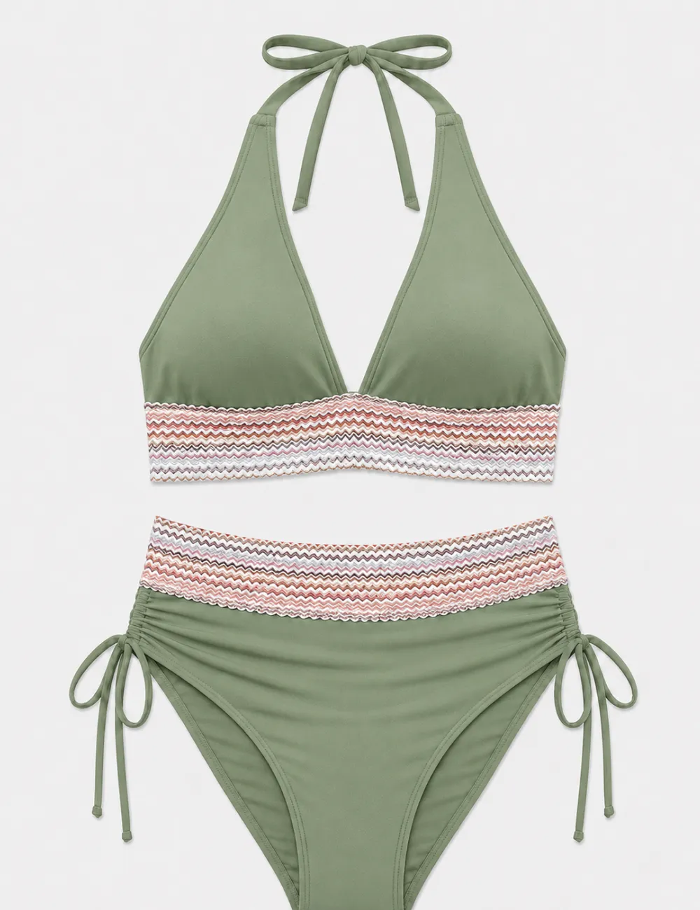 Deep V Neck Colorful Zigzag Smocked Trim Bikini Set