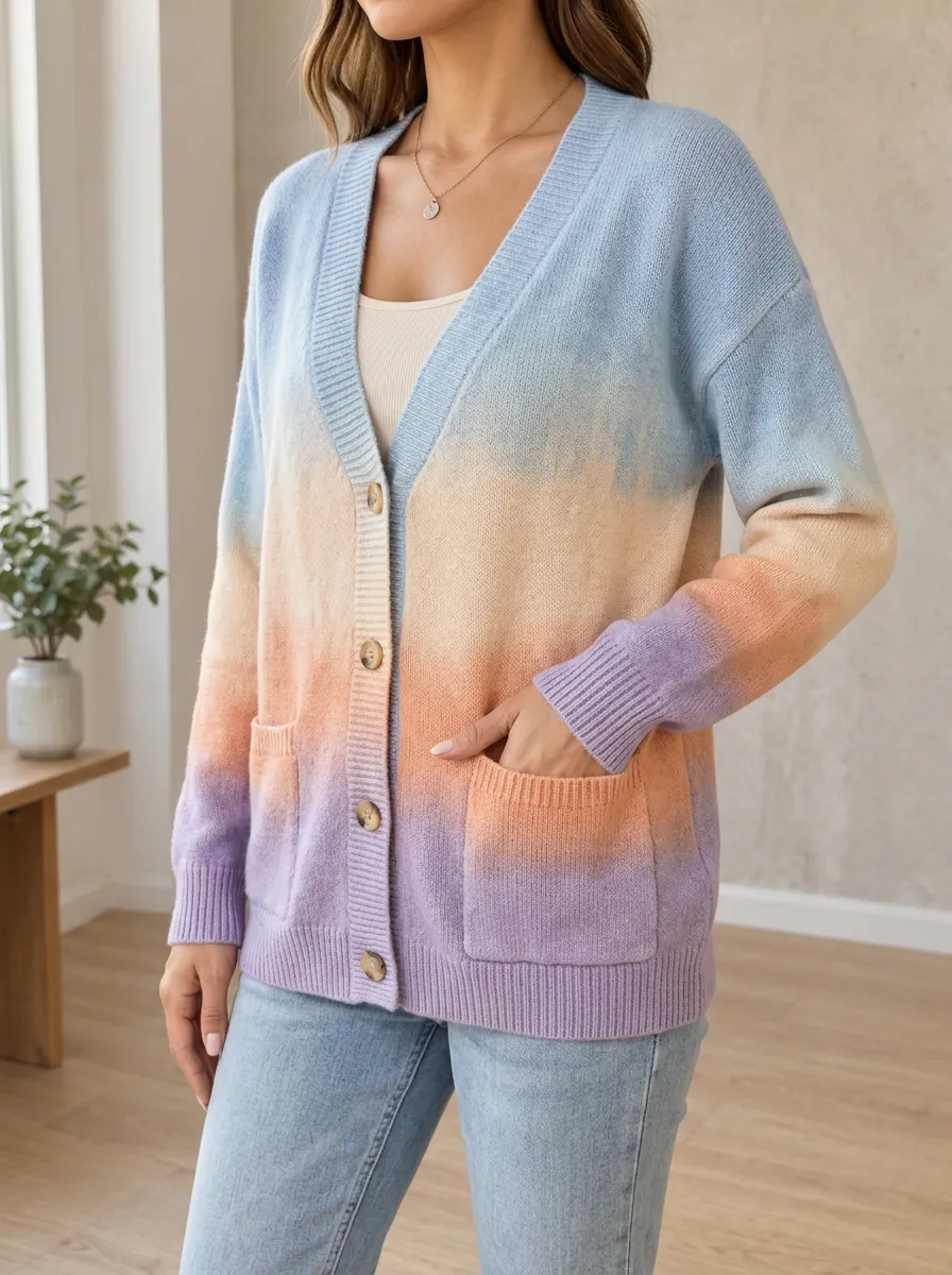 Women's Pastel Ombre Gradient Printed Button Front Casual Layering Cardigan