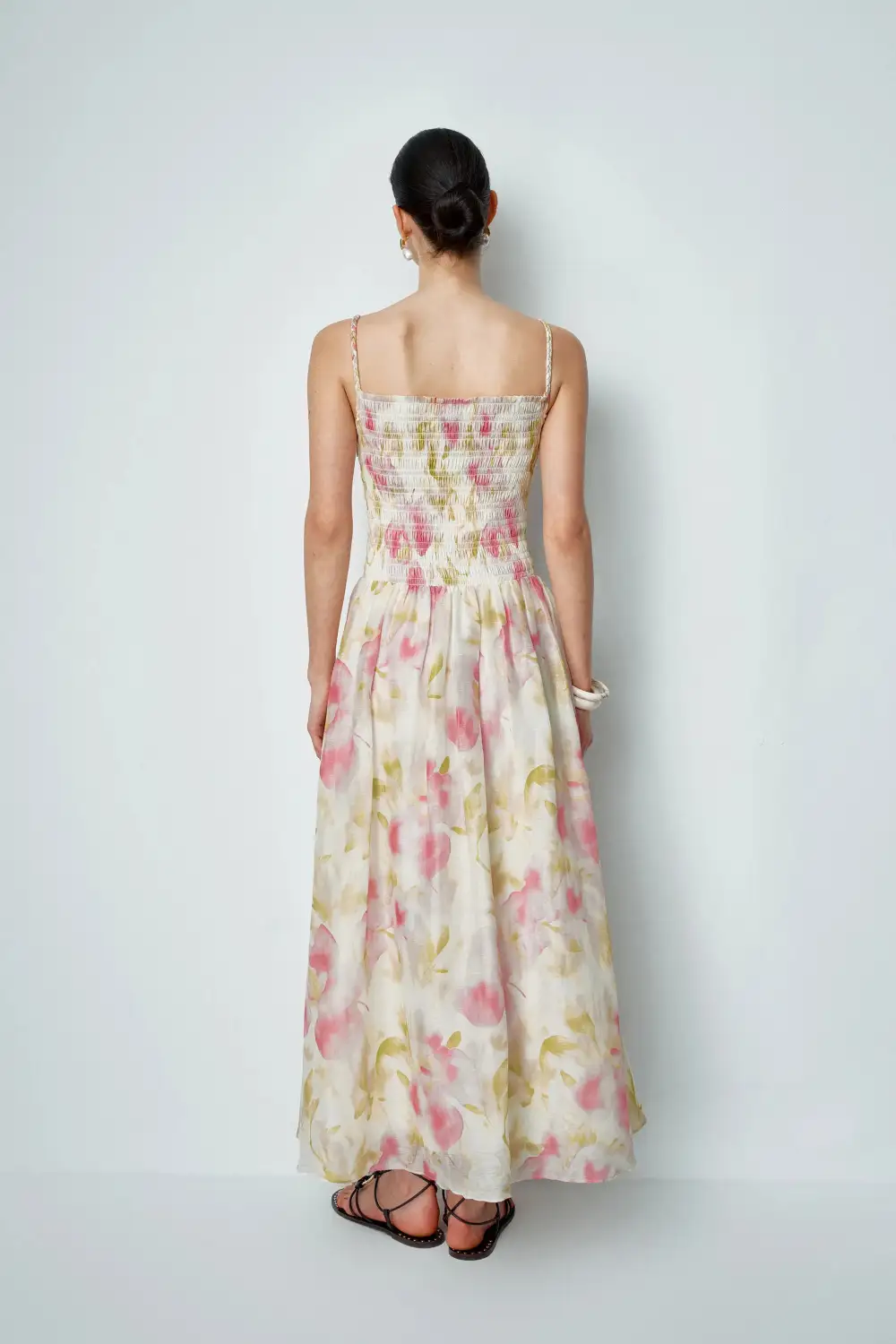 Shirred Handcrafted Silk Linen Blend Maxi Dress