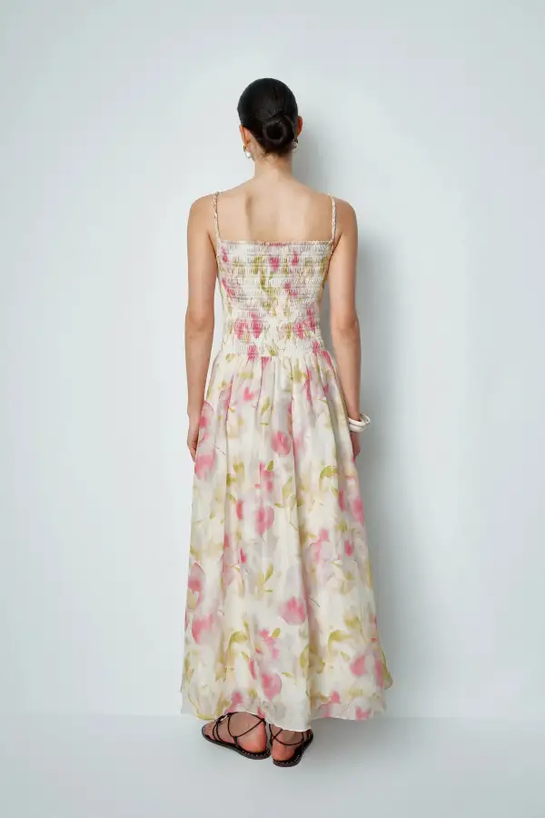 Shirred Handcrafted Silk Linen Blend Maxi Dress