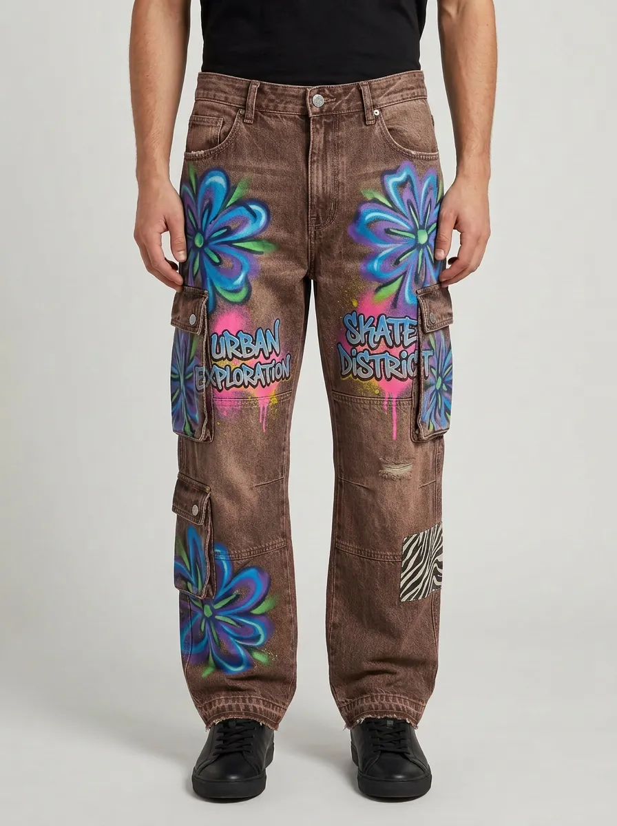 Men's Streetwear Urban Exploration Graffiti Flower Graphic Cargo Jeans
