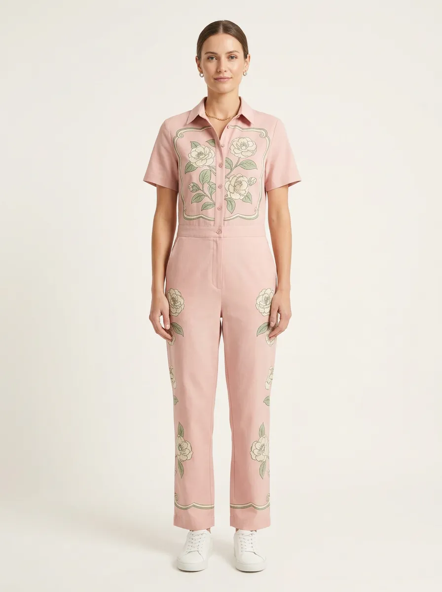 Women's Button-Front Graphic Floral Jumpsuit