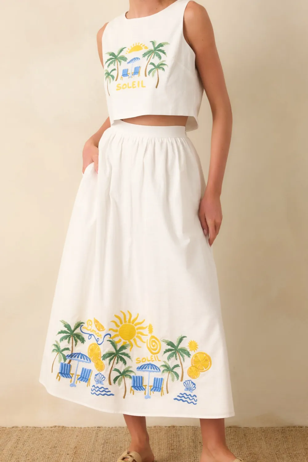 Multicolor Embroidered Cotton Blend Midi Skirt