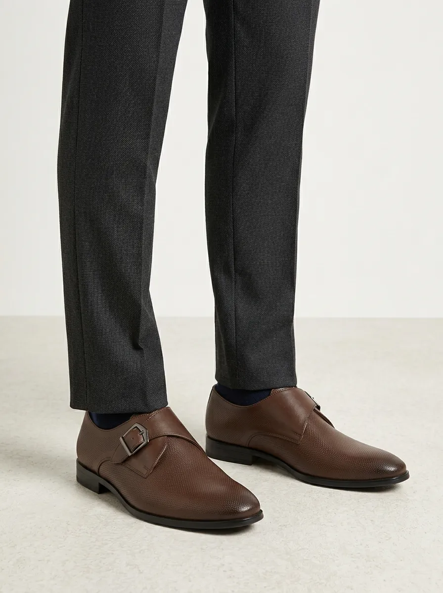 Men's Business Formal Textured Buckle Monk Strap Leather Shoes