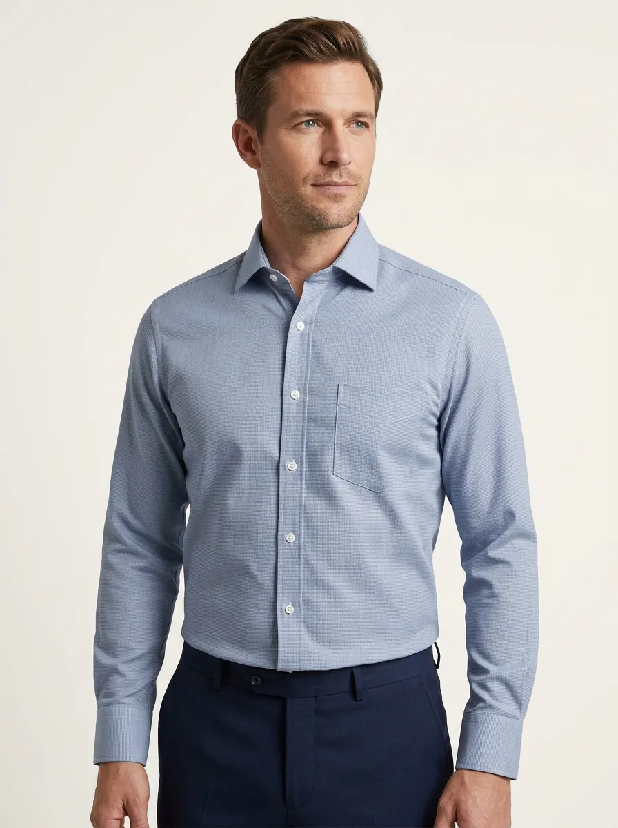 Men's Business Casual Blue Micro-Check Printed Dress Shirt