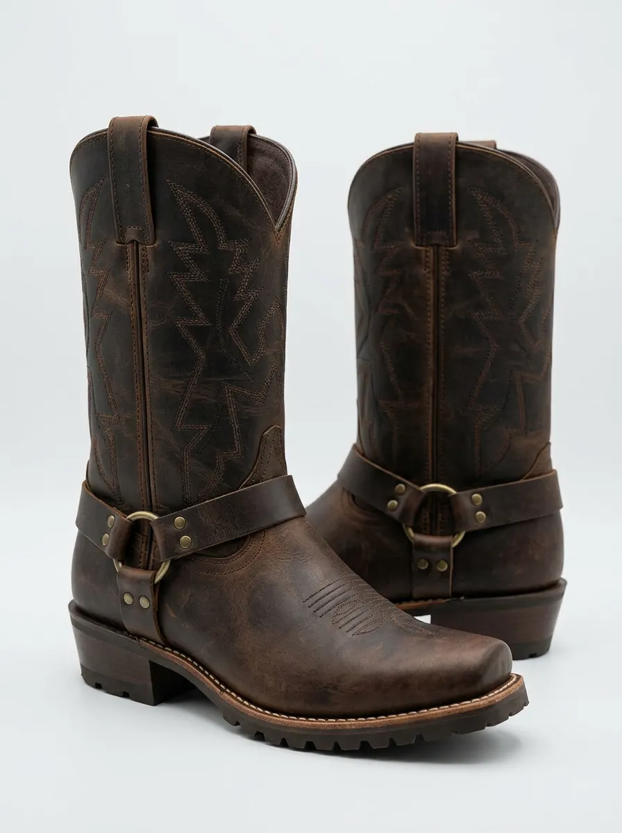 Men's Western Cowboy Brown Leather Harness Stitched Boots