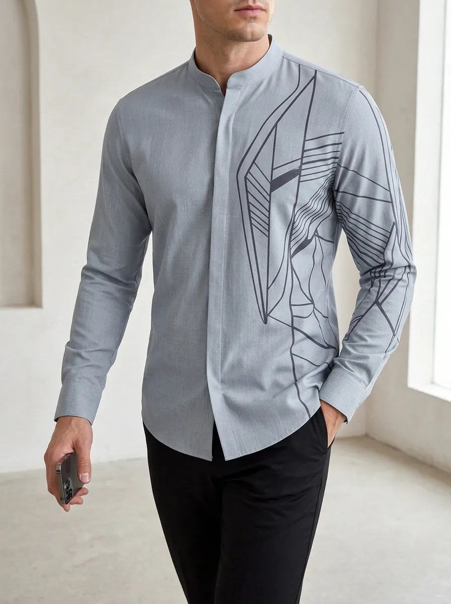 Men's Sharp Geometric Line Long Sleeve Mandarin Collar Slim Fit Shirt