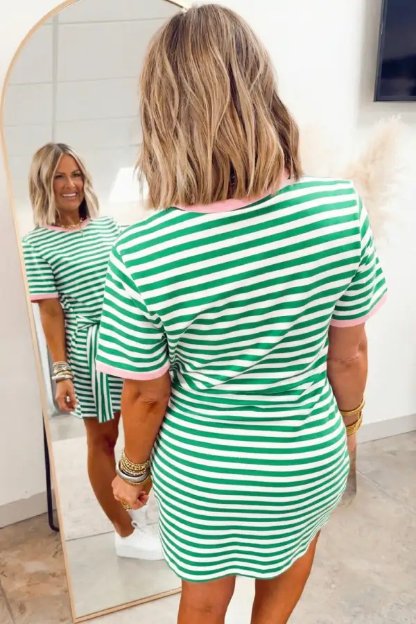 Striped Contrast Trim Round Neck Mini Dress