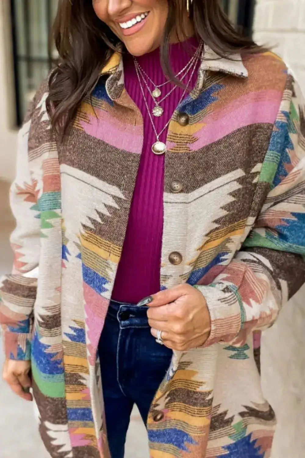 Geometric Button Front Casual Jacket