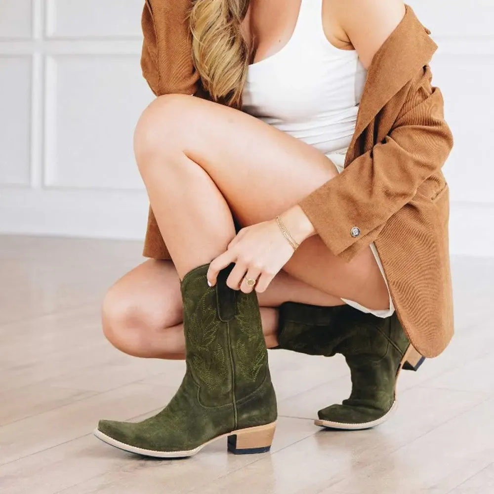 Modern Faux-Suede Embroidered Snip-Toe Chunky-Heel Mid-Calf Boots