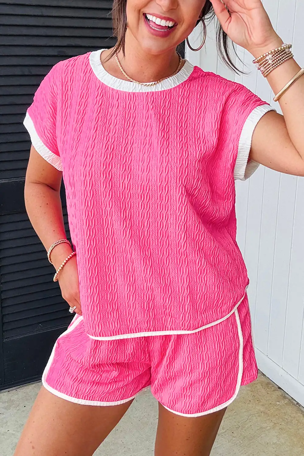 Women's Textured Color Block Trim Loose Tee Drawstring Shorts Two Piece Set