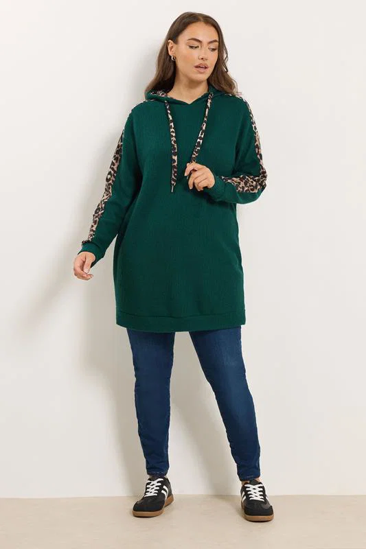 Green Leopard Print Trim Hoodie detail 1