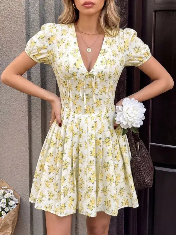 Comfort Fit Floral Printed V Neck Mini Dress