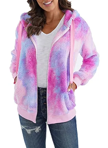 Womens Full Zip Up Sherpa Hoodie Fuzzy Fleece Jacket Oversized Fluffy Coat with Pockets