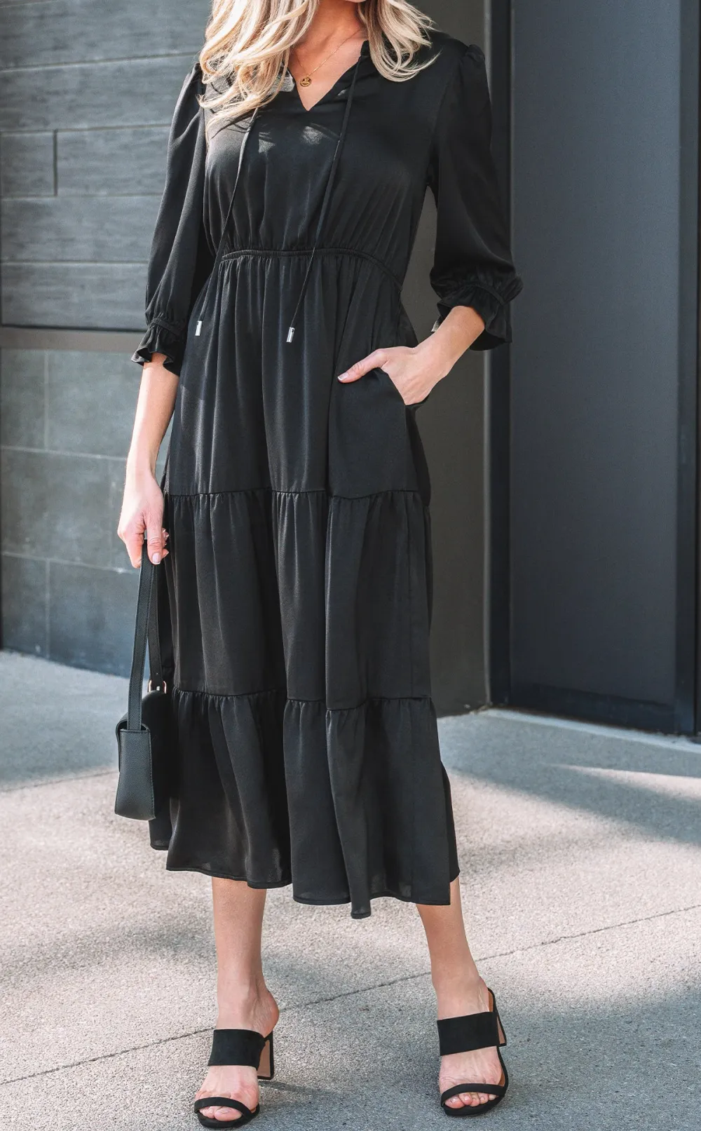 Flounced Bracelet Sleeve V Neck Tiered Maxi Dress