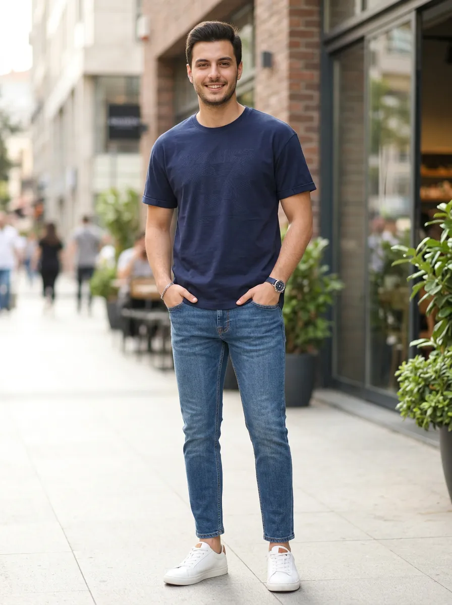Men's Casual Streetwear Embossed Geometric T-shirt and Jeans Set