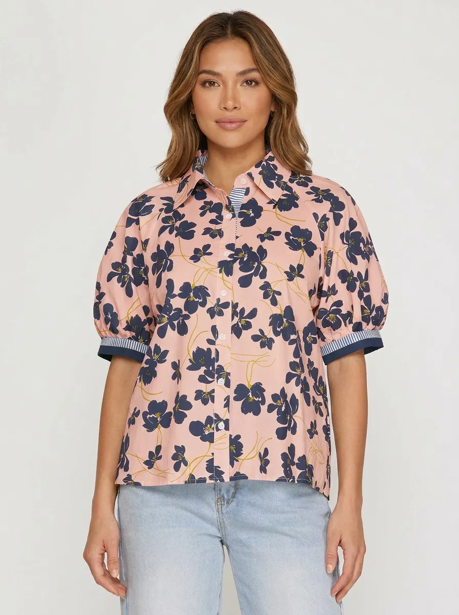 Women's Floral Pattern Navy Blue Flower Graphic Puff Sleeve Shirt