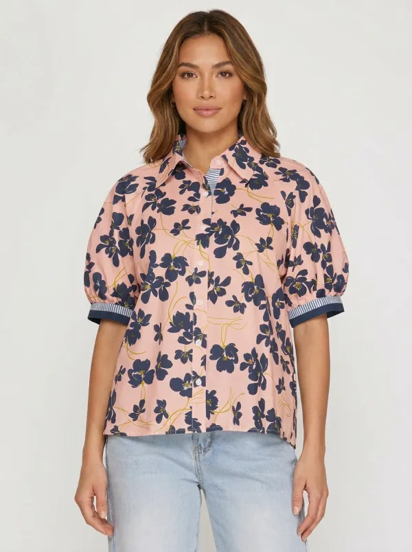 Women's Floral Pattern Navy Blue Flower Graphic Puff Sleeve Shirt