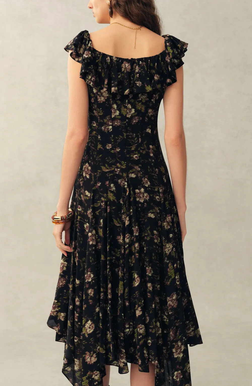 Ruffled Hand-Painted Floral Viscose Midi Dress