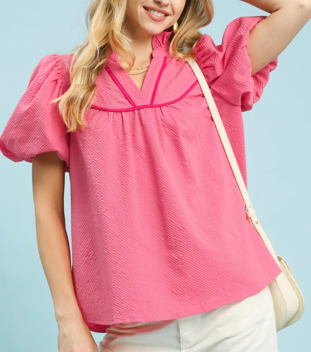 Textured Puff Sleeve V-Neck Blouse With Contrast Trim