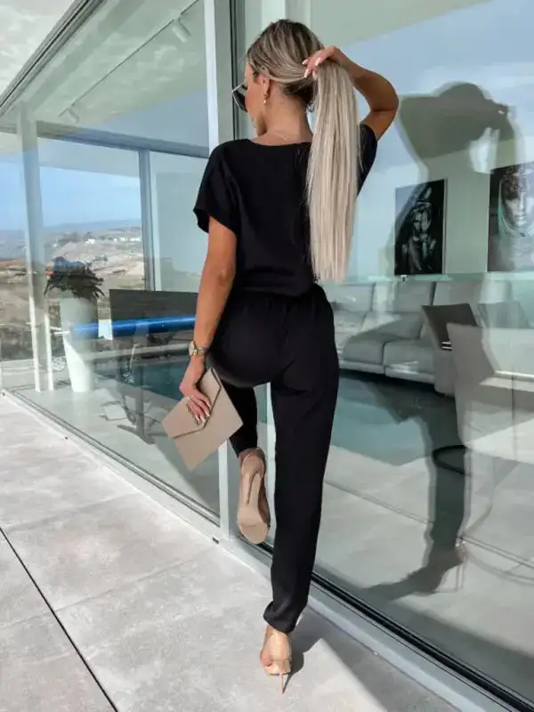Short Sleeved V Neck Slip Pocket Shorts