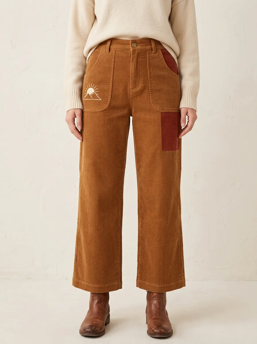 Women's Nature Lover Mountain Sun Printed Corduroy Pants