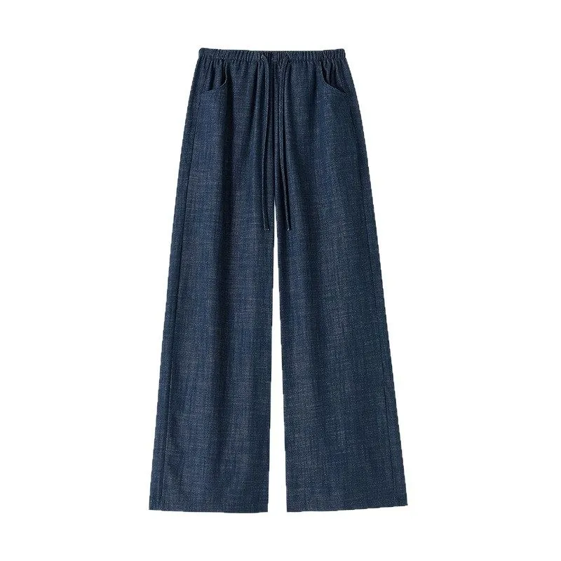 Comfort Drawstring Waist Denim Wide Leg Pants