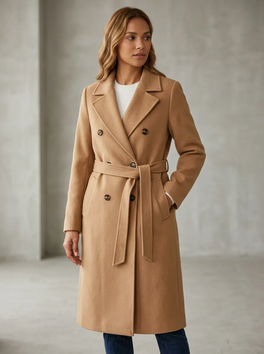 Women's Classic Camel Double-Breasted Belted Wool Blend Coat