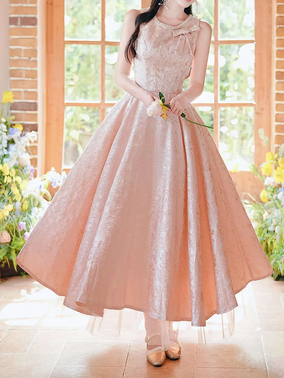 Bow Jacquard Prom Prom Maxi Dress